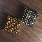 Indoor Square Floor Pillow - A dark and fantastical illustrative painting of many different cats and plants, creating a dense, mysterious, and golden jungle or forest scene.