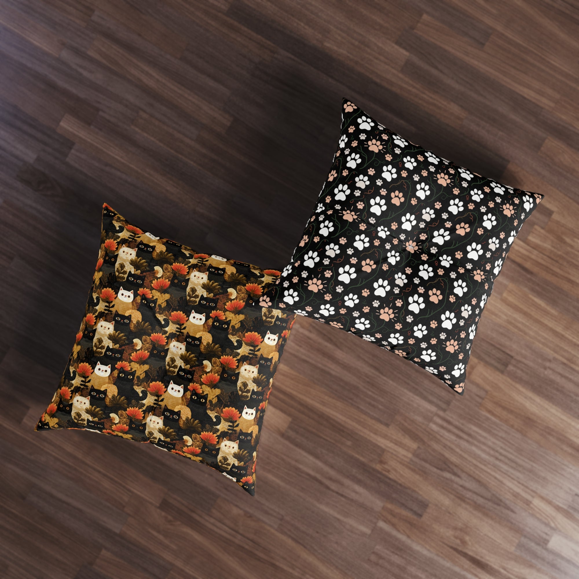 Indoor Square Floor Pillow - A dark and fantastical illustrative painting of many different cats and plants, creating a dense, mysterious, and golden jungle or forest scene.