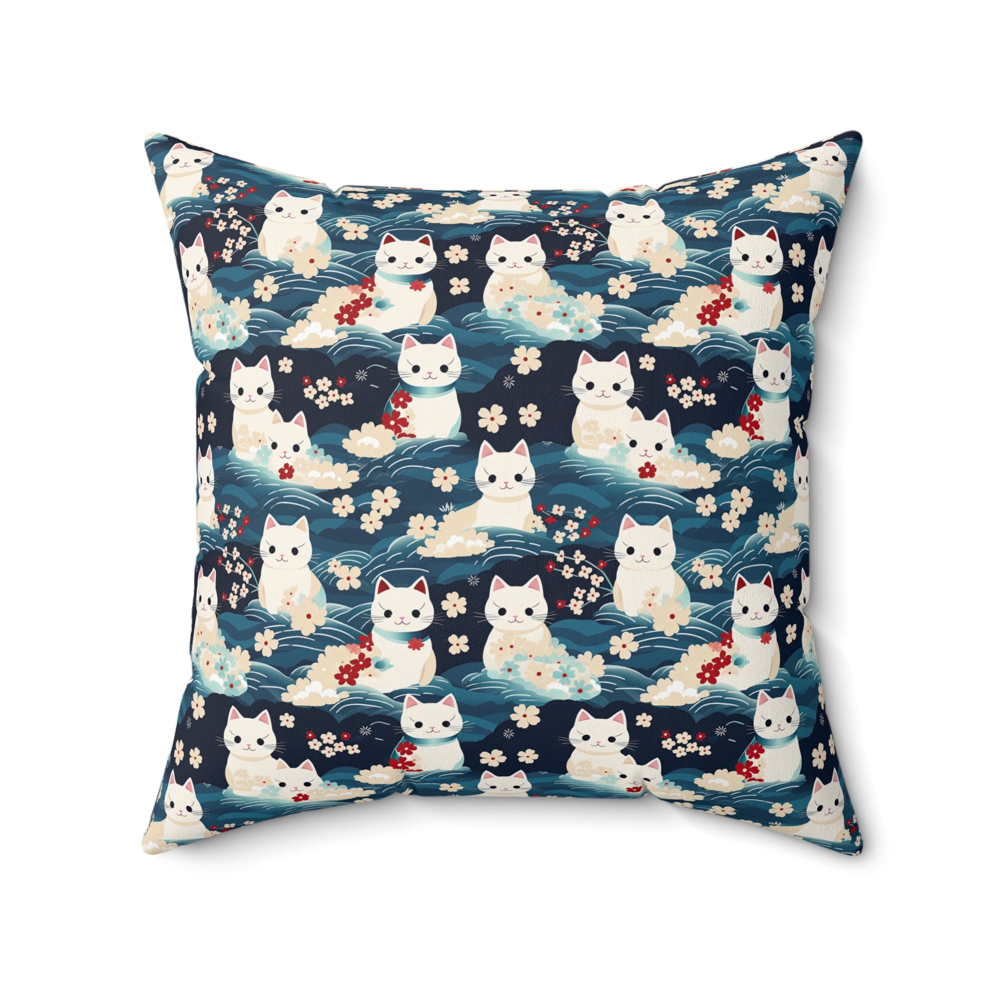 Indoor Square Pillow - A lovely, playful, Japanese-inspired illustration of sweet white cats sitting on rolling blue waves with red and white flowers and gentle clouds.