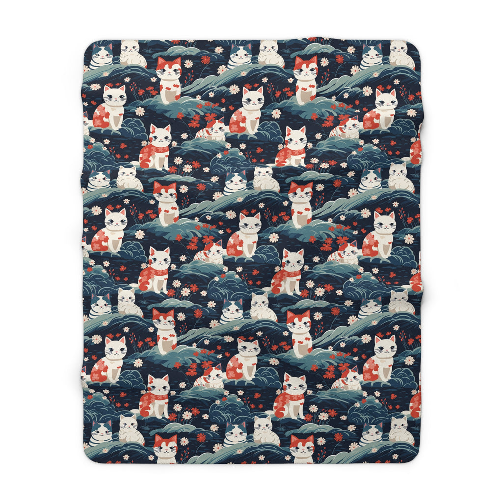 Sherpa Blanket - A serene and sweet Japanese landscape pattern featuring multicolored cats relaxing within a tranquil field of red and white flowers and gentle blue hills.