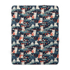 Sherpa Blanket - A serene and sweet Japanese landscape pattern featuring multicolored cats relaxing within a tranquil field of red and white flowers and gentle blue hills.