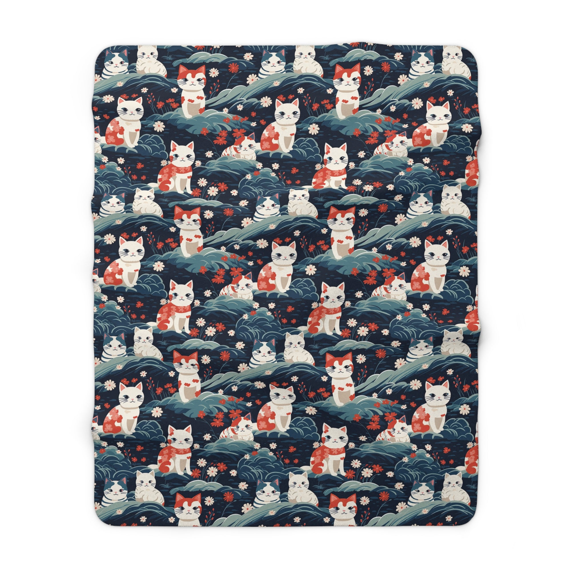 Sherpa Blanket - A serene and sweet Japanese landscape pattern featuring multicolored cats relaxing within a tranquil field of red and white flowers and gentle blue hills.