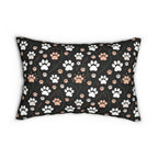 Indoor Lumbar Pillow - A dark and fantastical illustrative painting of many different cats and plants, creating a dense, mysterious, and golden jungle or forest scene.