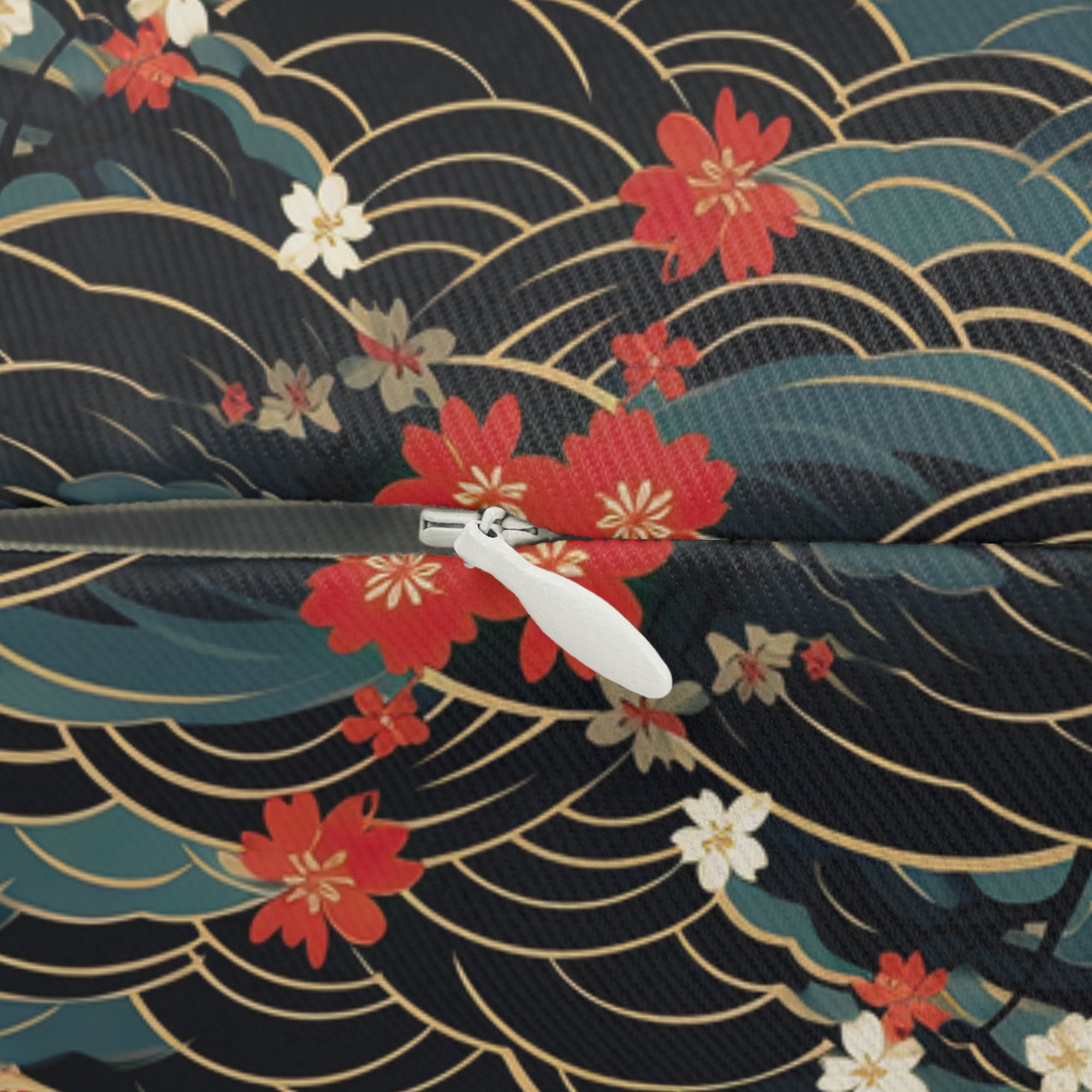Indoor Lumbar Pillow - A beautiful, Japanese-inspired illustration of tranquil white cats resting on rolling clouds with vibrant red and white cherry blossoms.