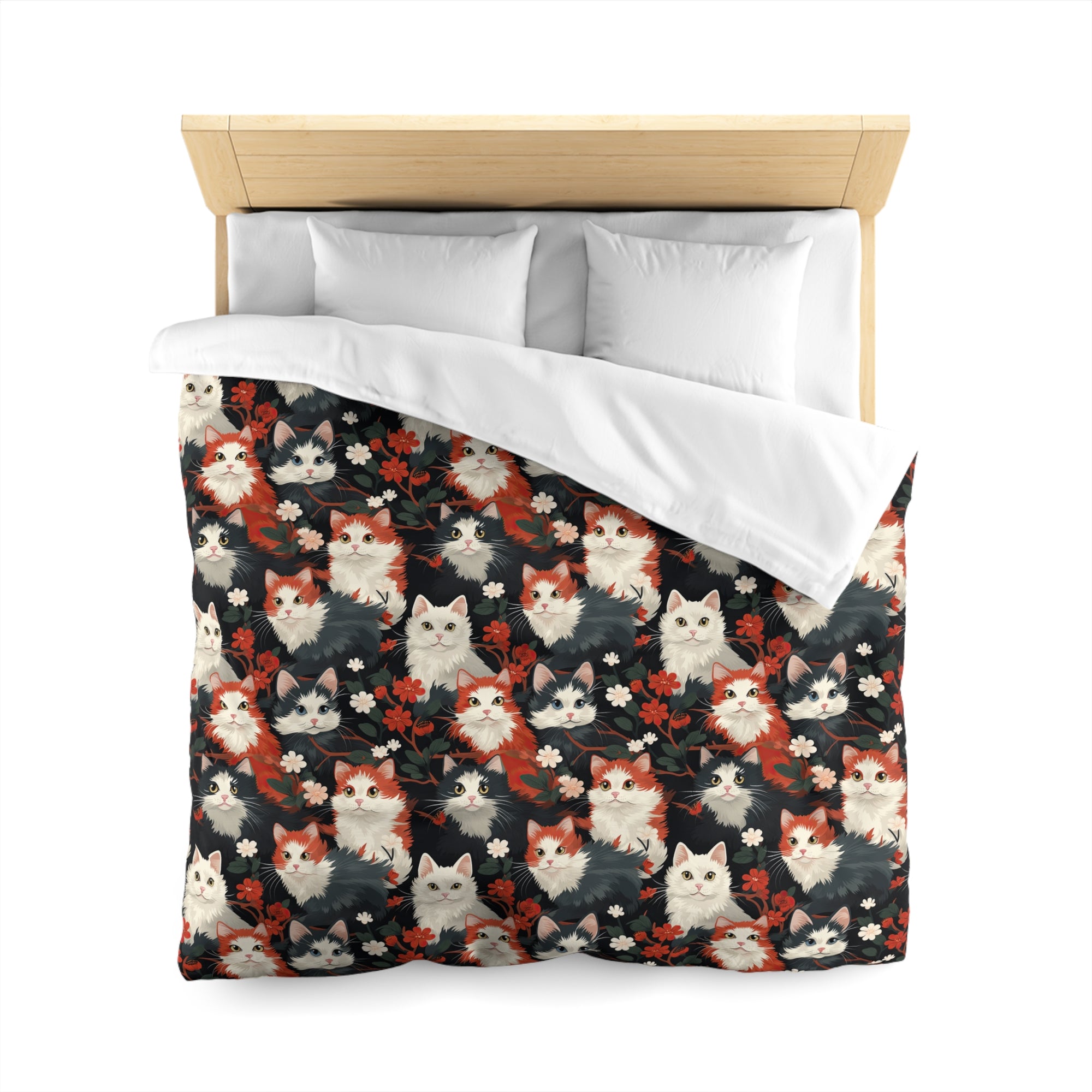 Duvet Cover - A detailed and ornate Victorian-style pattern featuring a tight grouping of fluffy cats of various colors surrounded by black and red flowers and leaves.