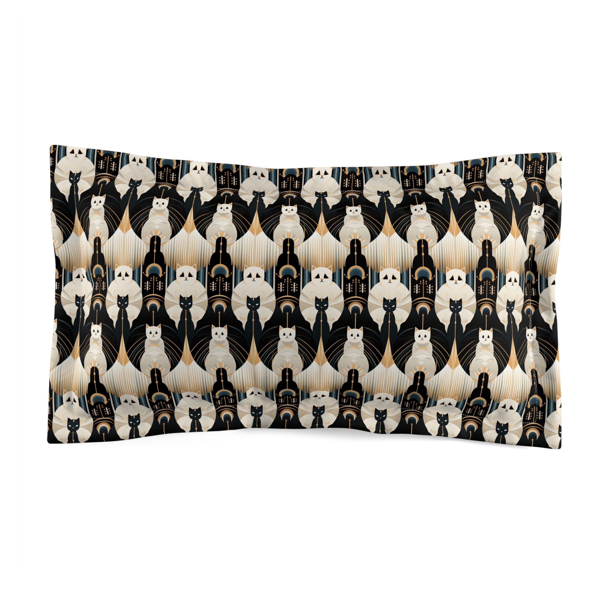 Pillow Sham - An elegant and artistic Art Deco-style pattern featuring streamlined white cats with a striking geometric backdrop of golden and black lines and shapes.