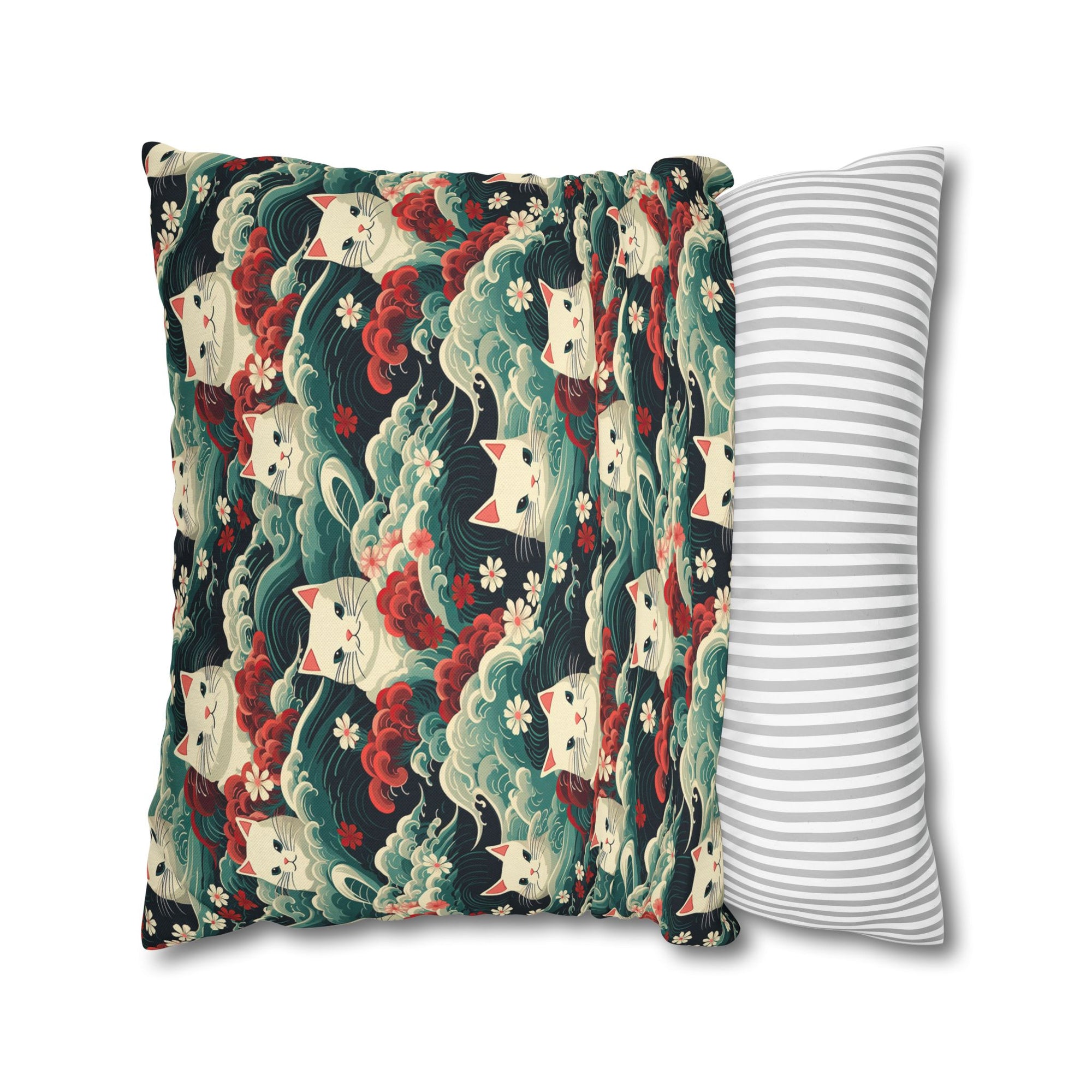 Square Pillowcase - A dramatic and powerful Japanese woodblock print-style illustration of cats amidst powerful waves, red flowers, and white cherry blossoms.