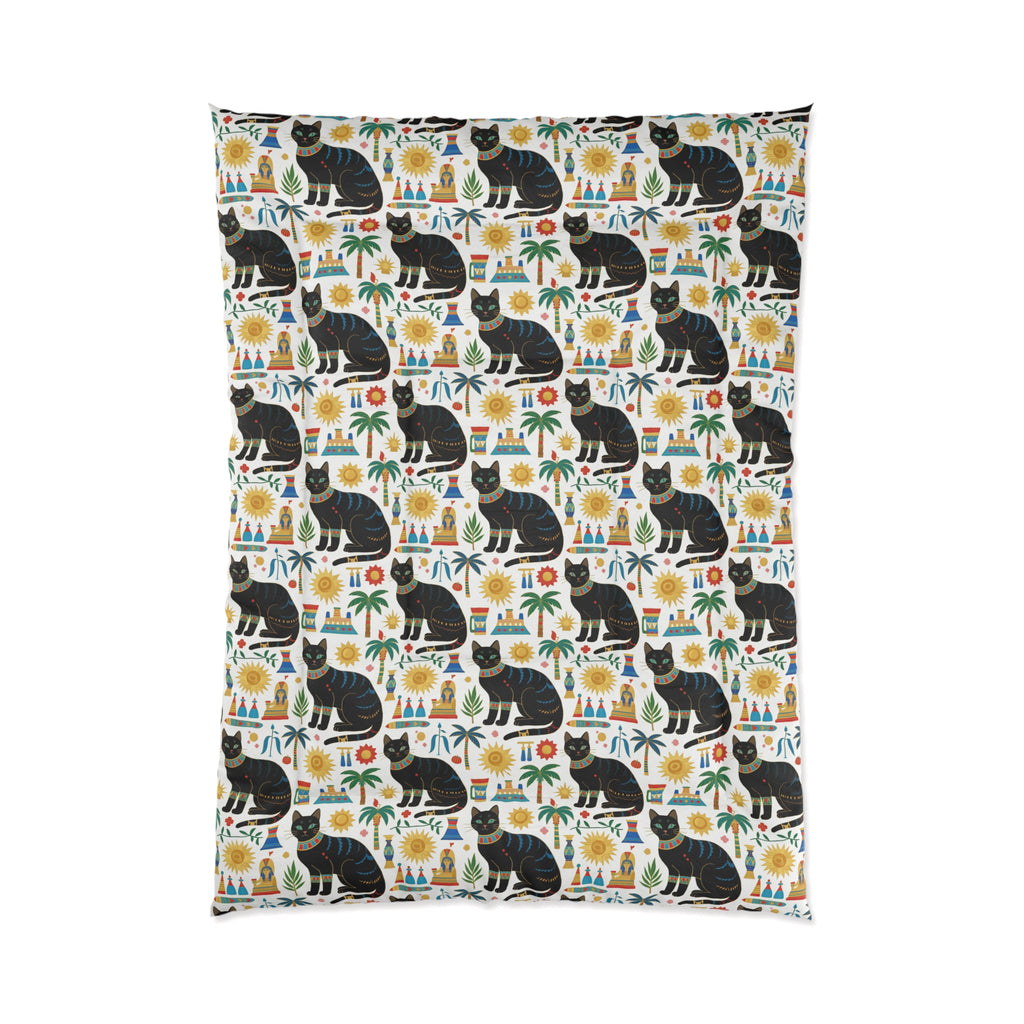 Comforter - Majestic Black Egyptian Cats with Vibrant Adornments and Desert Motifs Create a Striking and Culturally Rich Design