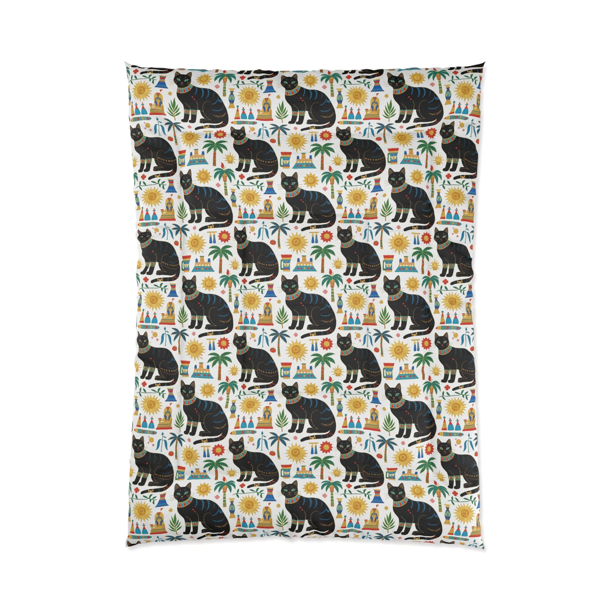 Comforter - Majestic Black Egyptian Cats with Vibrant Adornments and Desert Motifs Create a Striking and Culturally Rich Design