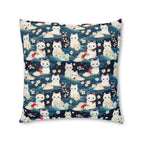 Indoor Square Floor Pillow - A lovely, playful, Japanese-inspired illustration of sweet white cats sitting on rolling blue waves with red and white flowers and gentle clouds.