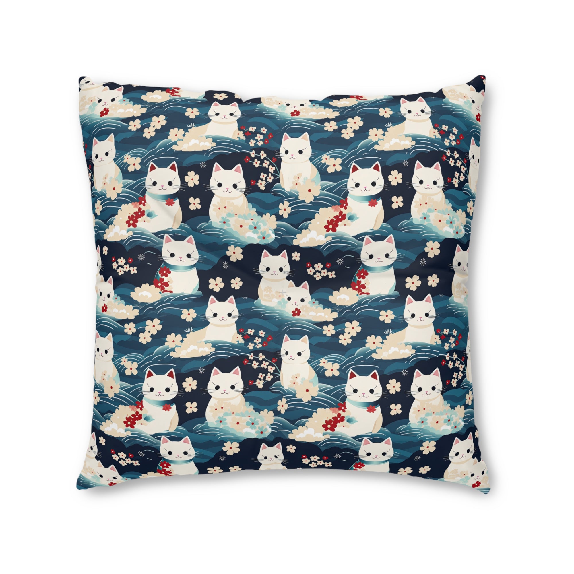 Indoor Square Floor Pillow - A lovely, playful, Japanese-inspired illustration of sweet white cats sitting on rolling blue waves with red and white flowers and gentle clouds.
