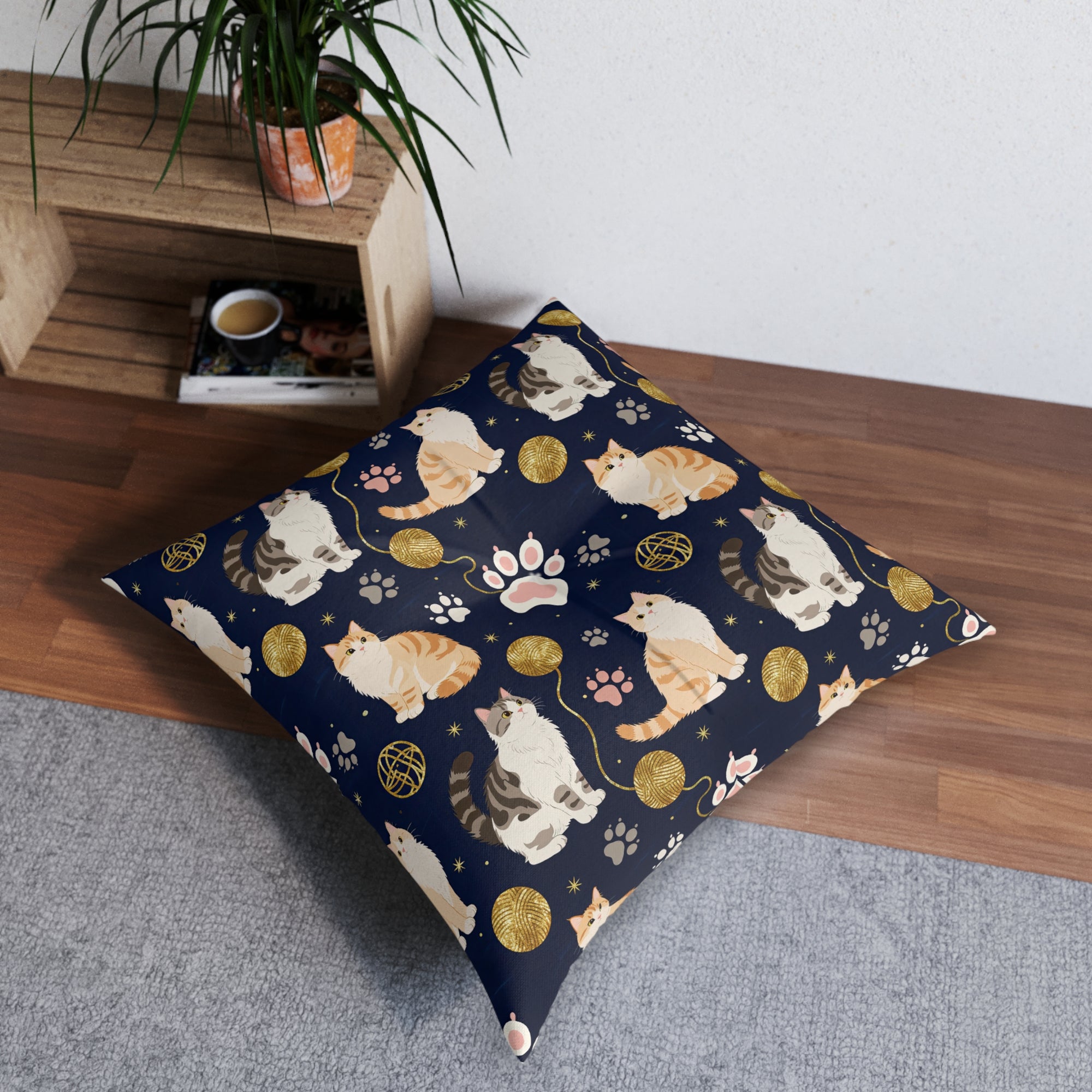 Indoor Square Floor Pillow - Charming cats and golden yarn playful design, cute kittens with paw prints, whimsical animal art for cat lovers, dark blue background, delightful pet themed illustration