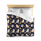Duvet Cover - Charming cats and golden yarn playful design, cute kittens with paw prints, whimsical animal art for cat lovers, dark blue background, delightful pet themed illustration