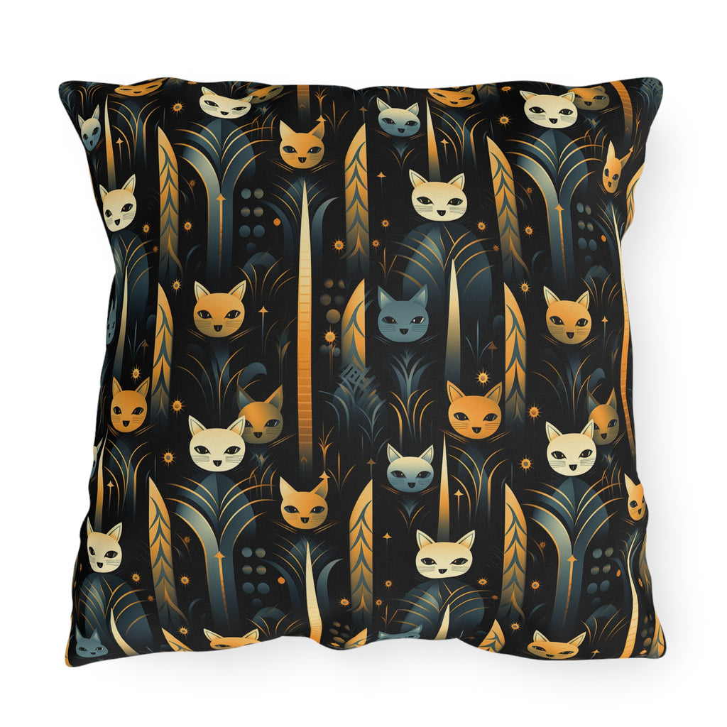 Outdoor Pillow - A sleek and stylish Art Deco-inspired pattern depicting a serene nocturnal landscape with streamlined cat silhouettes and radiating golden light among abstract plants.