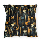 Outdoor Pillow - A sleek and stylish Art Deco-inspired pattern depicting a serene nocturnal landscape with streamlined cat silhouettes and radiating golden light among abstract plants.