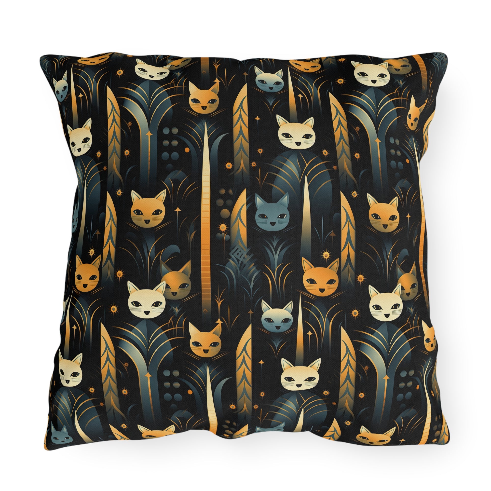 Outdoor Pillow - A sleek and stylish Art Deco-inspired pattern depicting a serene nocturnal landscape with streamlined cat silhouettes and radiating golden light among abstract plants.