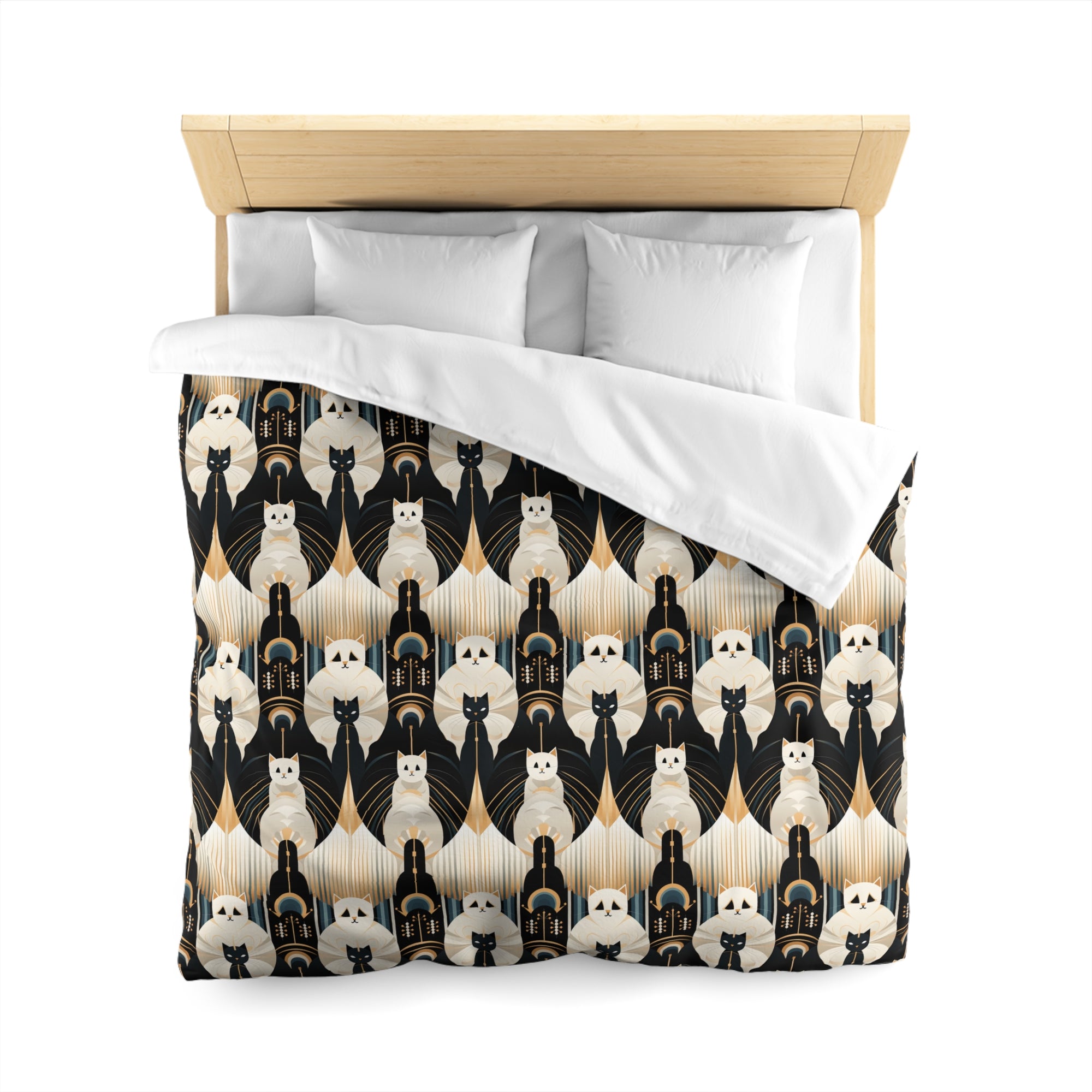 Duvet Cover - An elegant and artistic Art Deco-style pattern featuring streamlined white cats with a striking geometric backdrop of golden and black lines and shapes.