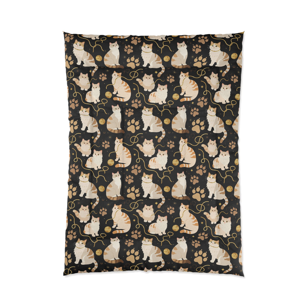 Comforter - Elegant felines and sparkling gold yarn on black, adorable cats with golden paw prints, sophisticated pet motif, charming animal pattern, cozy and warm artistic illustration