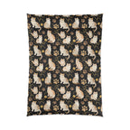 Comforter - Elegant felines and sparkling gold yarn on black, adorable cats with golden paw prints, sophisticated pet motif, charming animal pattern, cozy and warm artistic illustration