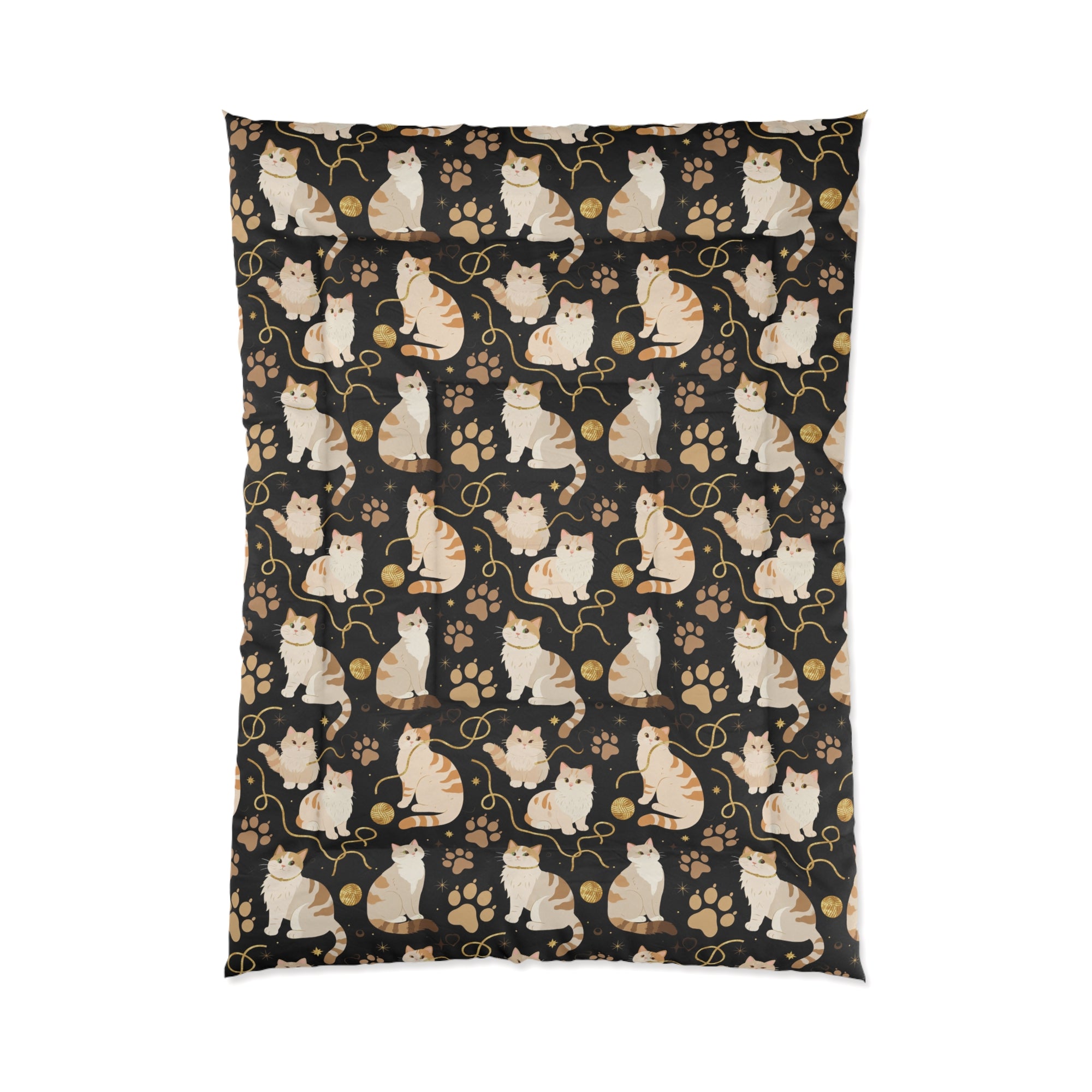 Comforter - Elegant felines and sparkling gold yarn on black, adorable cats with golden paw prints, sophisticated pet motif, charming animal pattern, cozy and warm artistic illustration