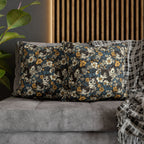 Square Pillowcase - Black and White Kittens with Yellow and White Flowers, Dark Blue Leaves, Vintage Charm
