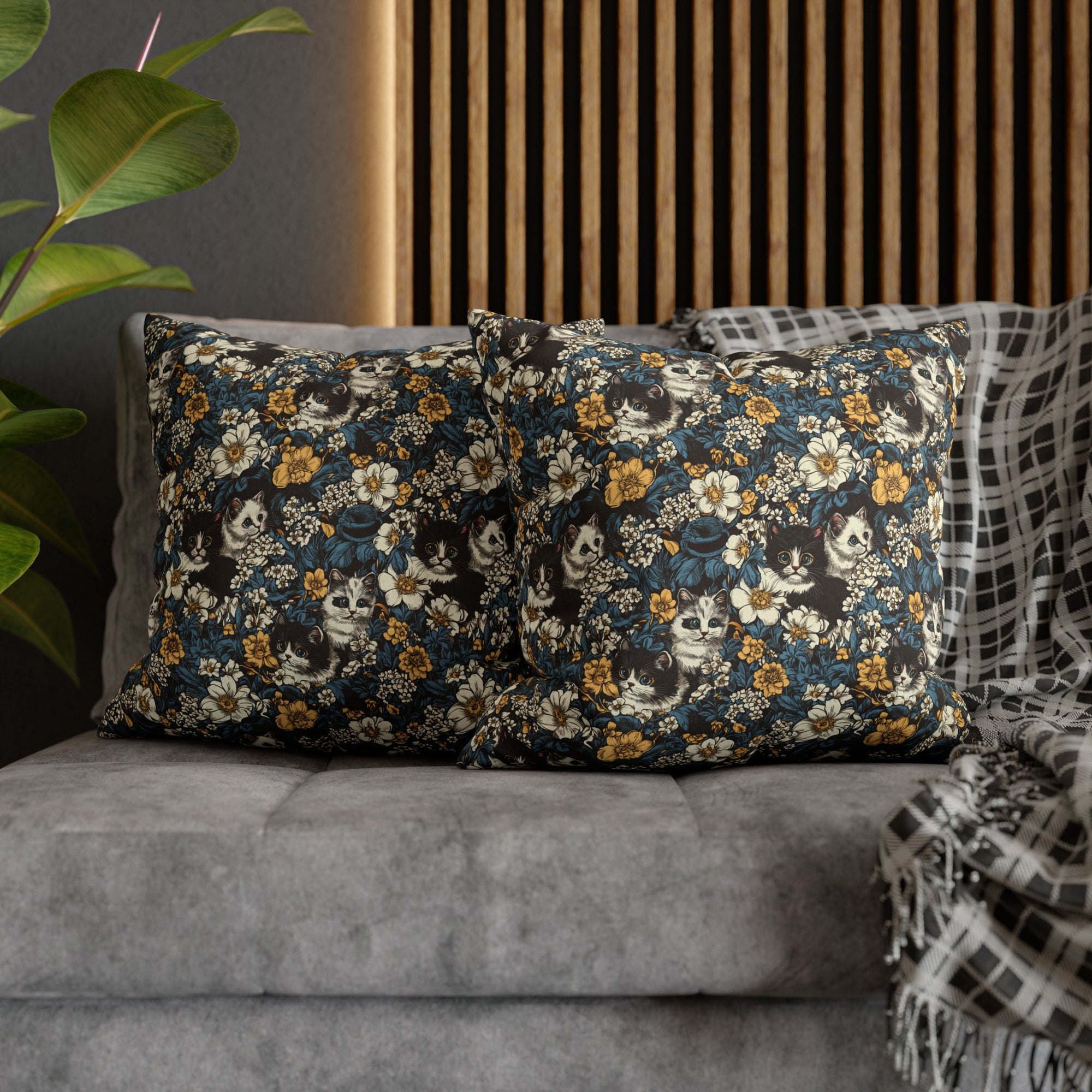 Square Pillowcase - Black and White Kittens with Yellow and White Flowers, Dark Blue Leaves, Vintage Charm