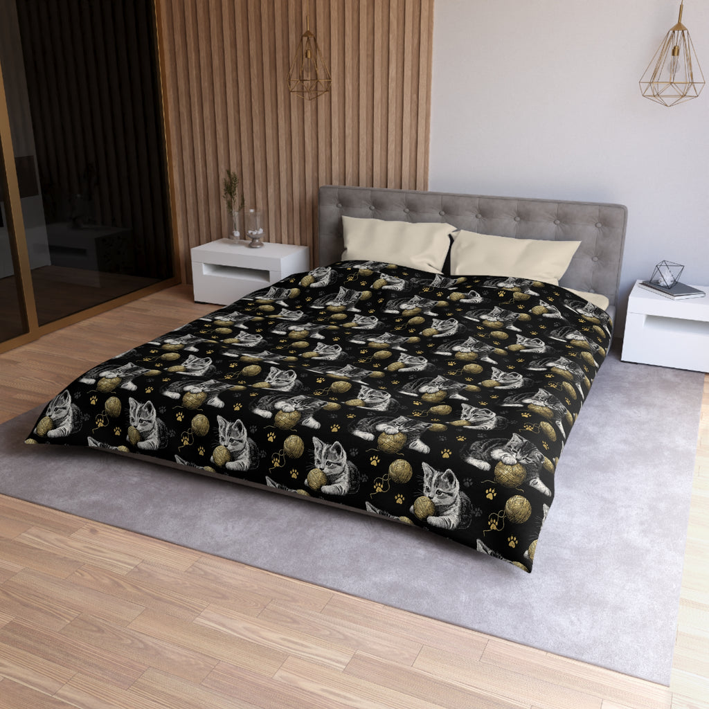 Duvet Cover - Grey and White Kittens Playing with Golden Yarn on a Black Background with Paw Prints