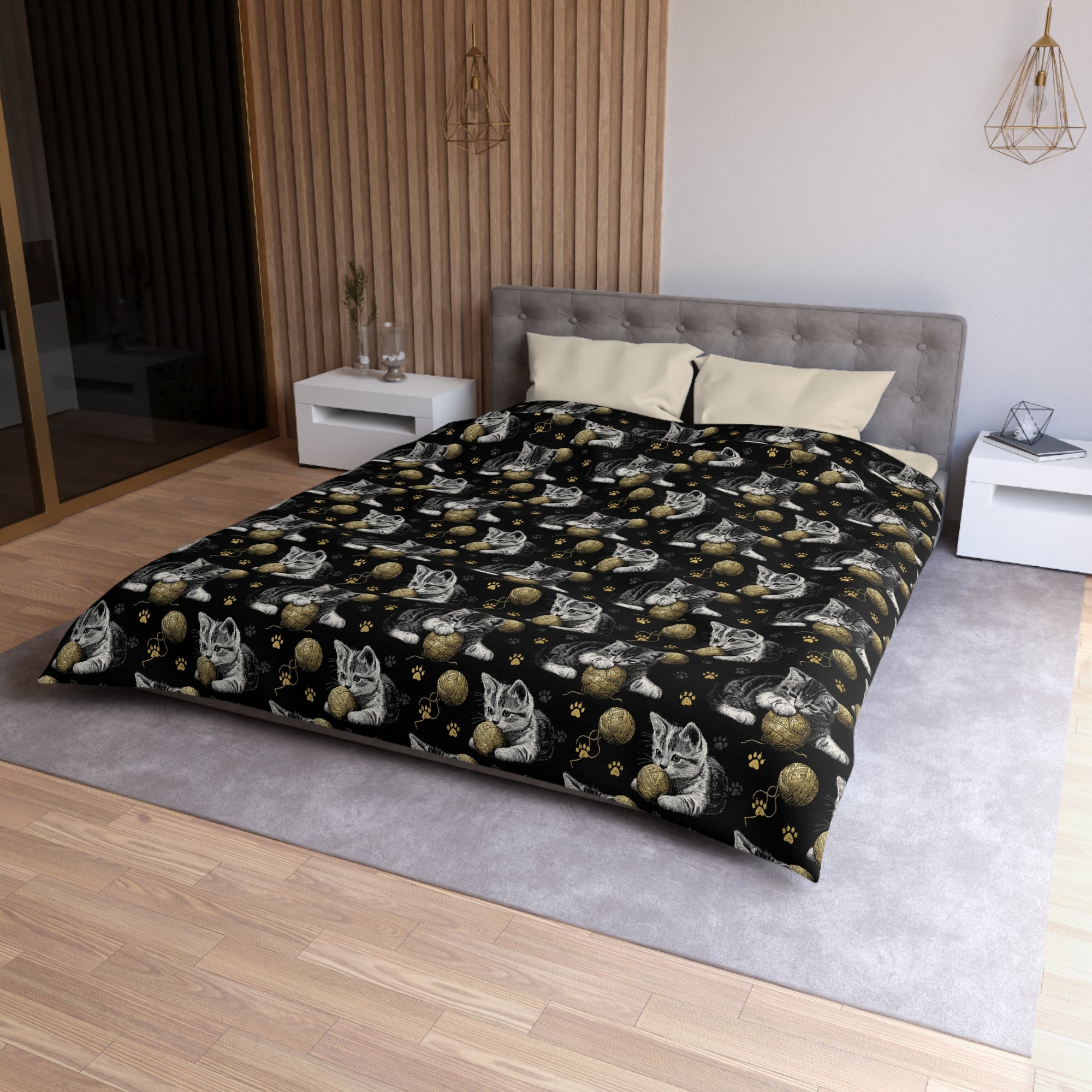 Duvet Cover - Grey and White Kittens Playing with Golden Yarn on a Black Background with Paw Prints