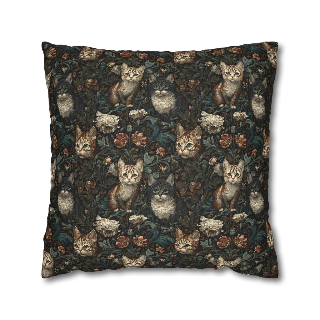 Square Pillowcase - Brown Tabby Kittens Among Dark Green and Peach Floral Vines, Moody Vintage Style