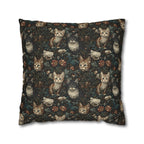 Square Pillowcase - Brown Tabby Kittens Among Dark Green and Peach Floral Vines, Moody Vintage Style