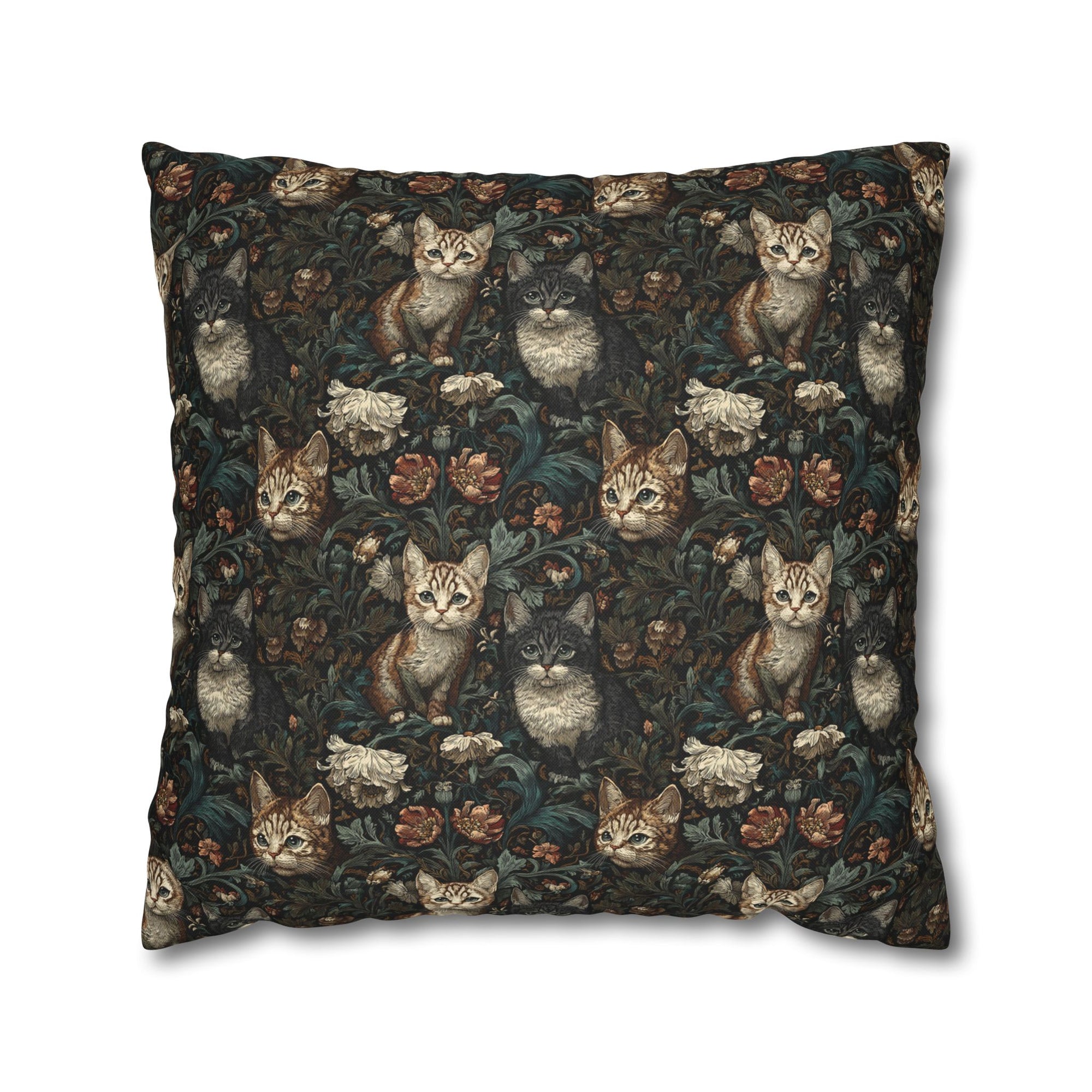 Square Pillowcase - Brown Tabby Kittens Among Dark Green and Peach Floral Vines, Moody Vintage Style
