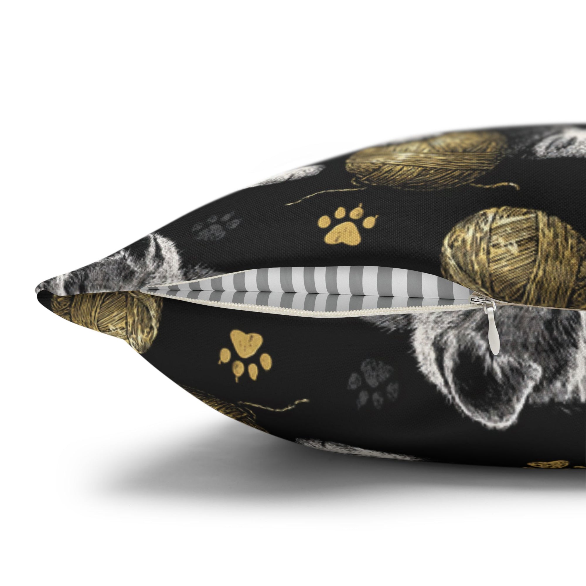 Square Pillowcase - Grey and White Kittens Playing with Golden Yarn on a Black Background with Paw Prints