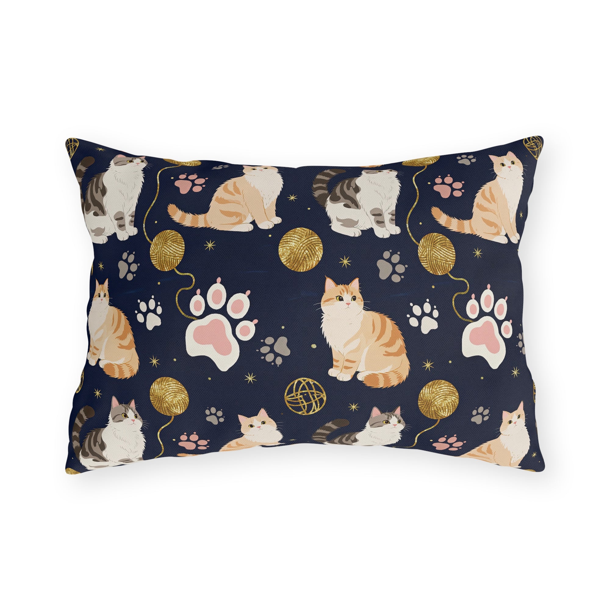 Outdoor Pillow - Charming cats and golden yarn playful design, cute kittens with paw prints, whimsical animal art for cat lovers, dark blue background, delightful pet themed illustration
