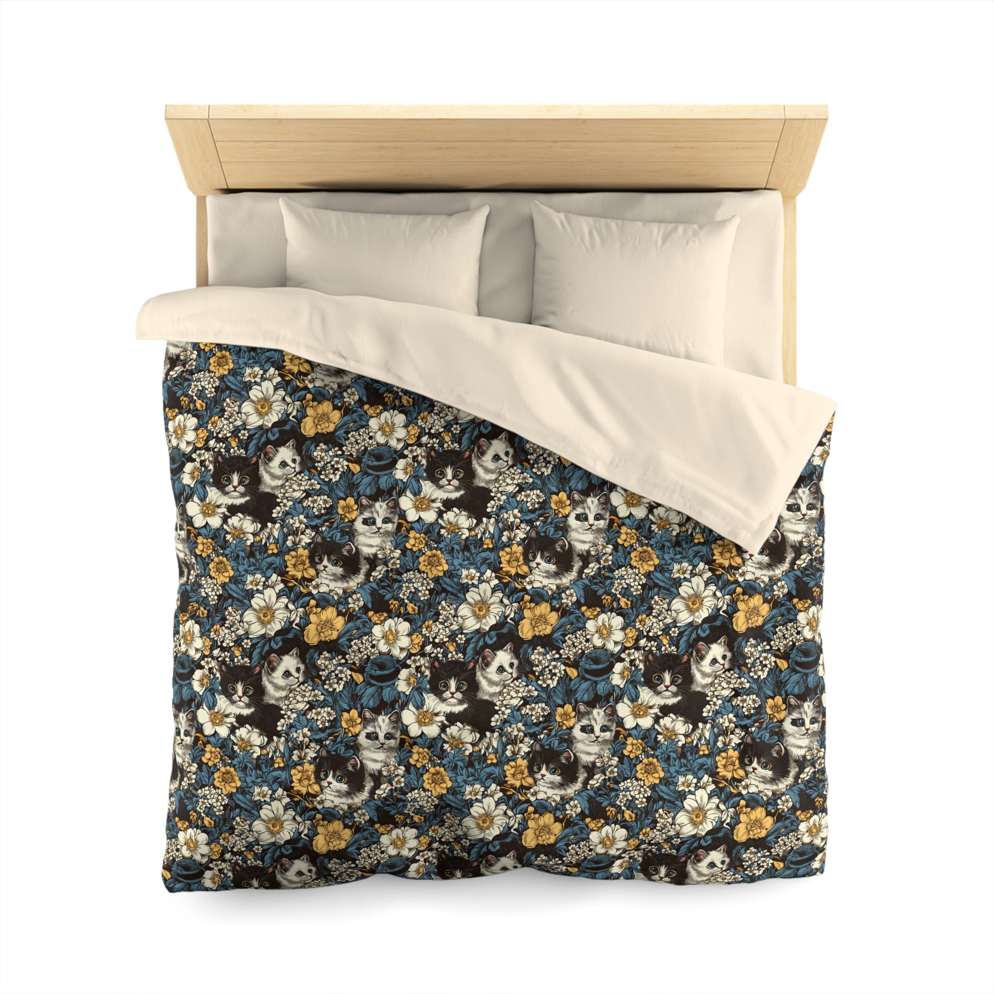 Duvet Cover - Black and White Kittens with Yellow and White Flowers, Dark Blue Leaves, Vintage Charm