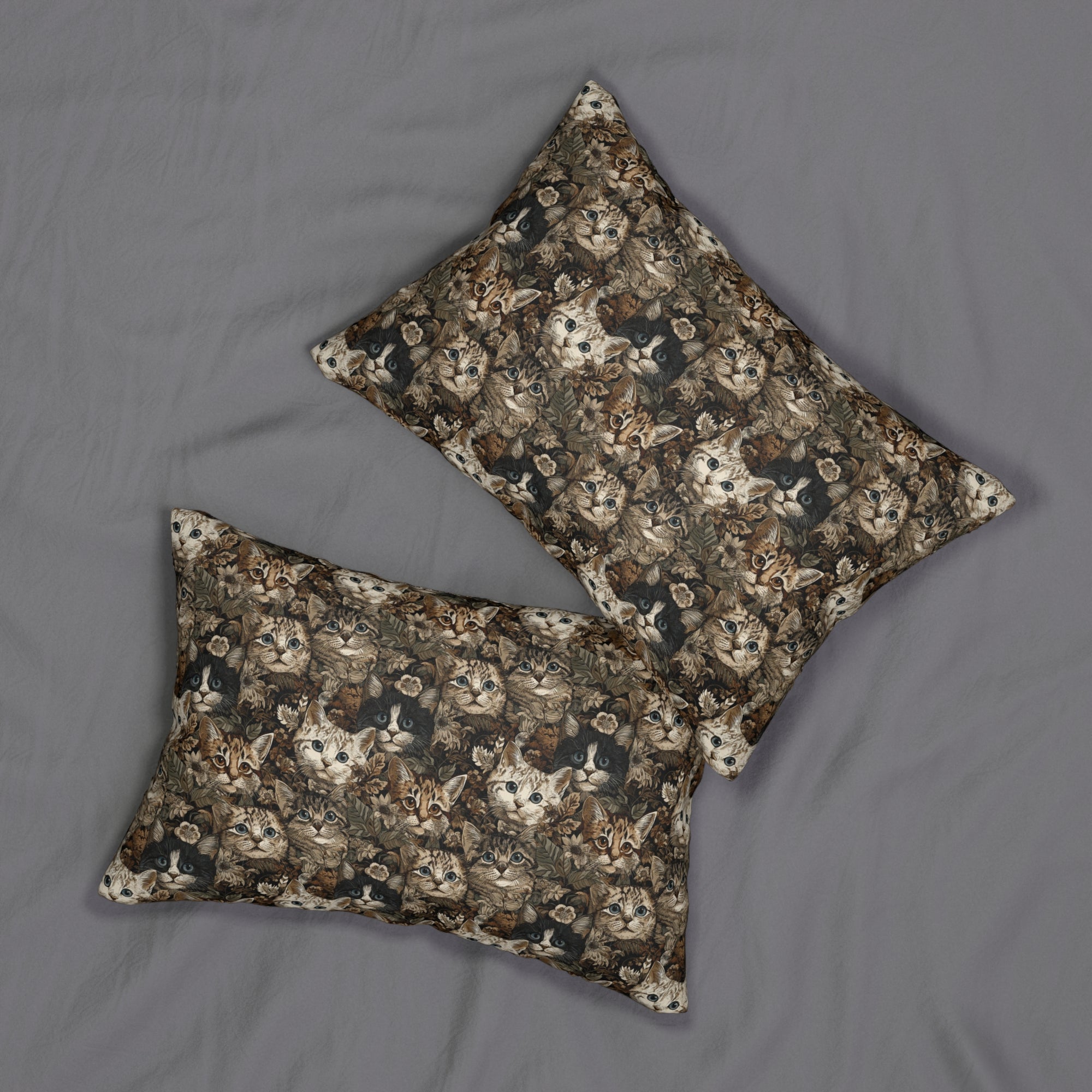 Indoor Lumbar Pillow - An intricate and detailed vintage illustration featuring a close-up of various fluffy cats with bright eyes amidst lush, ornate floral foliage in sepia tones.