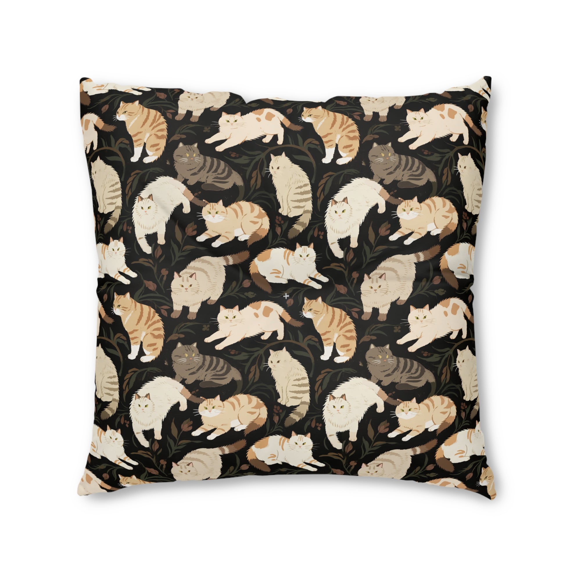 Indoor Square Floor Pillow - Earthy Toned Cats Lounge and Play Amidst Dark Foliage in a Serene and Naturally Inspired Seamless Pattern Design
