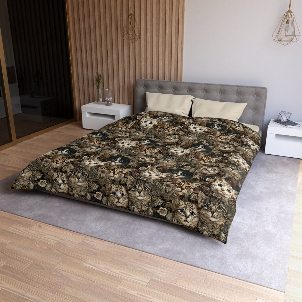 Duvet Cover - An intricate and detailed vintage illustration featuring a close-up of various fluffy cats with bright eyes amidst lush, ornate floral foliage in sepia tones.