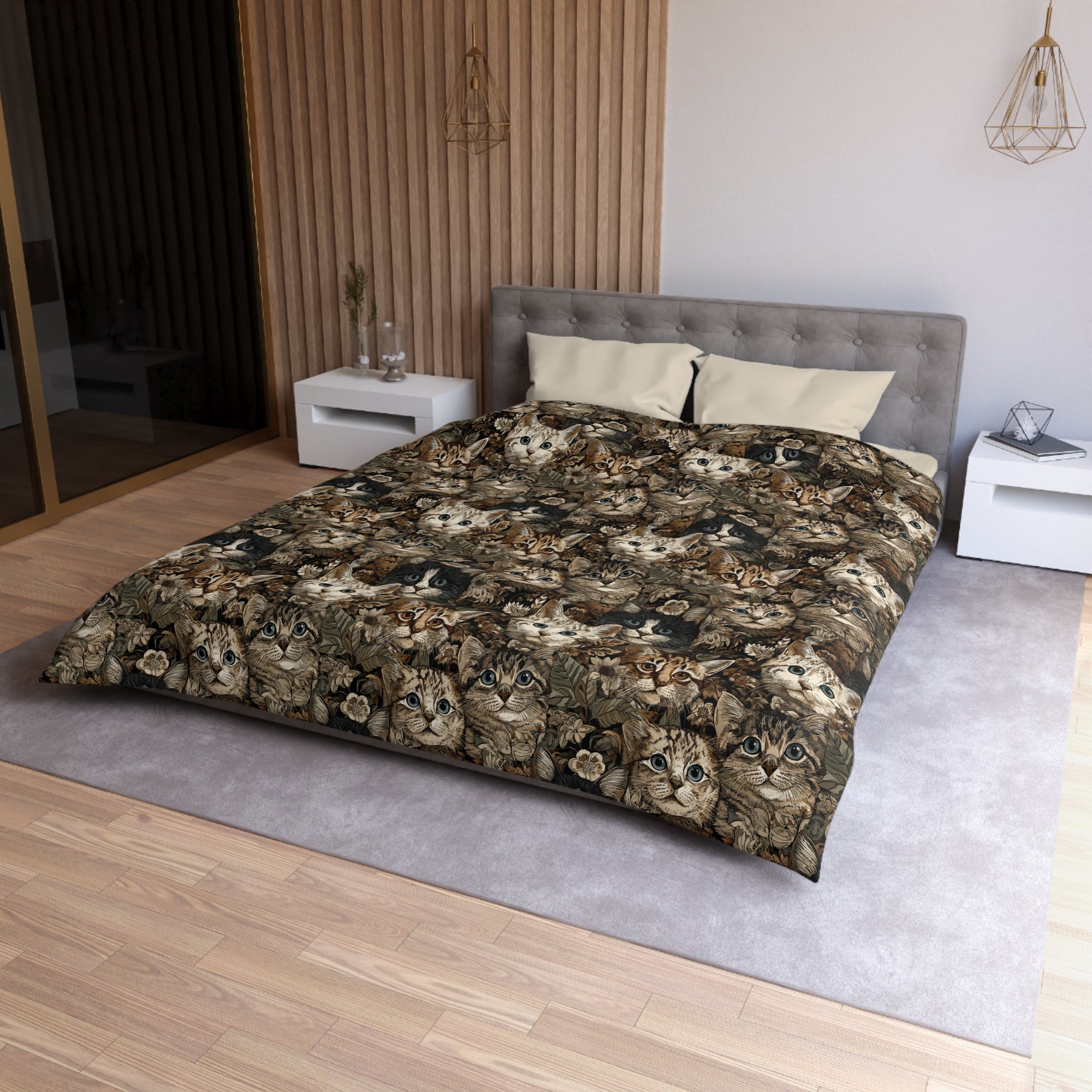 Duvet Cover - An intricate and detailed vintage illustration featuring a close-up of various fluffy cats with bright eyes amidst lush, ornate floral foliage in sepia tones.