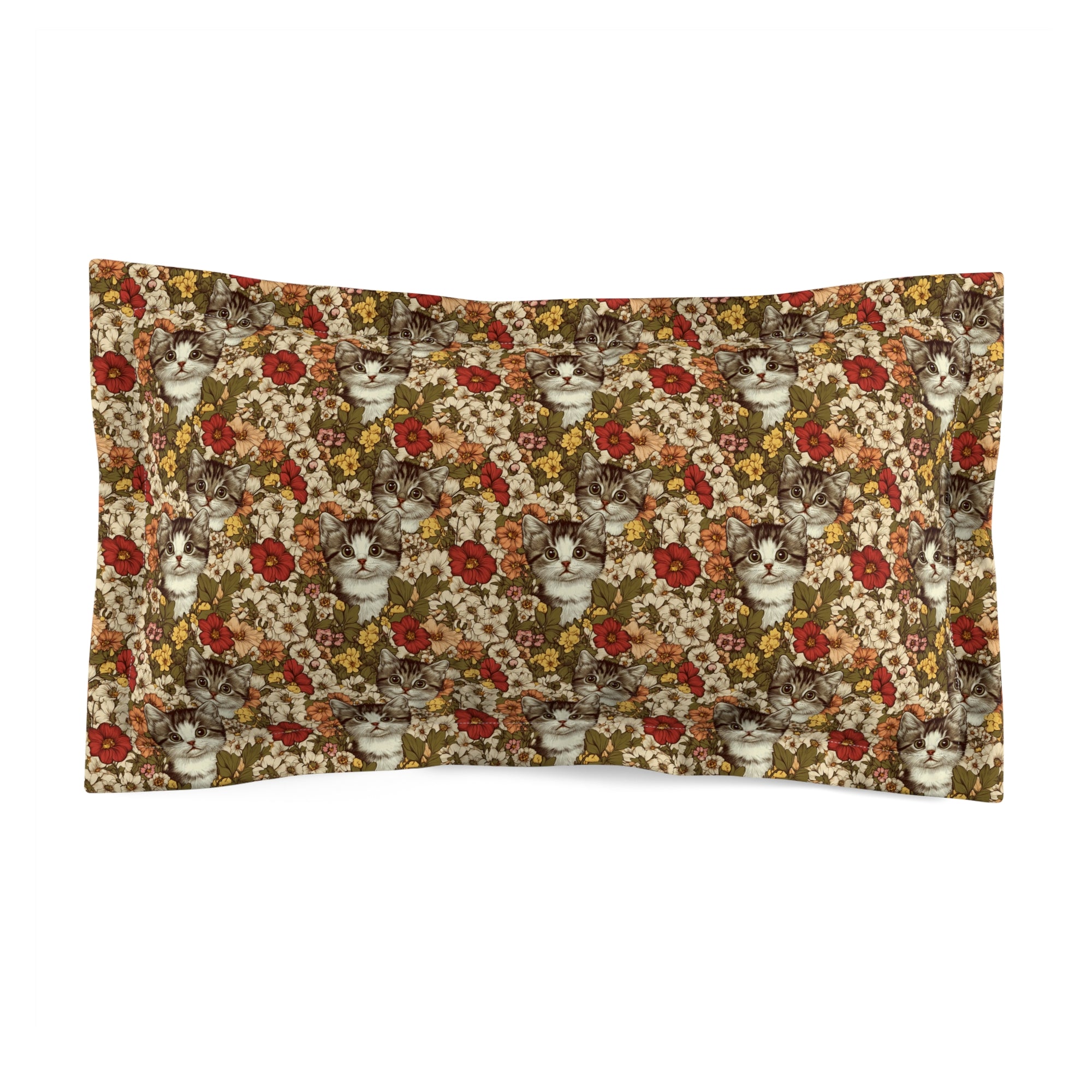 Pillow Sham - Grey Tabby Kittens in a Garden of Red, Peach, and Yellow Flowers, Soft Vintage Style