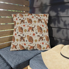 Outdoor Pillow - Artistic patterned cats in warm earth tones, unique tribal and folk art designs, playful felines with yarn and paw prints, bohemian animal print, cream background, creative cat art