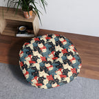 Indoor Round Floor Pillow - A bold and graphic pop art style illustration featuring a tight-knit cluster of various fluffy felines in black, white, red, and blue.