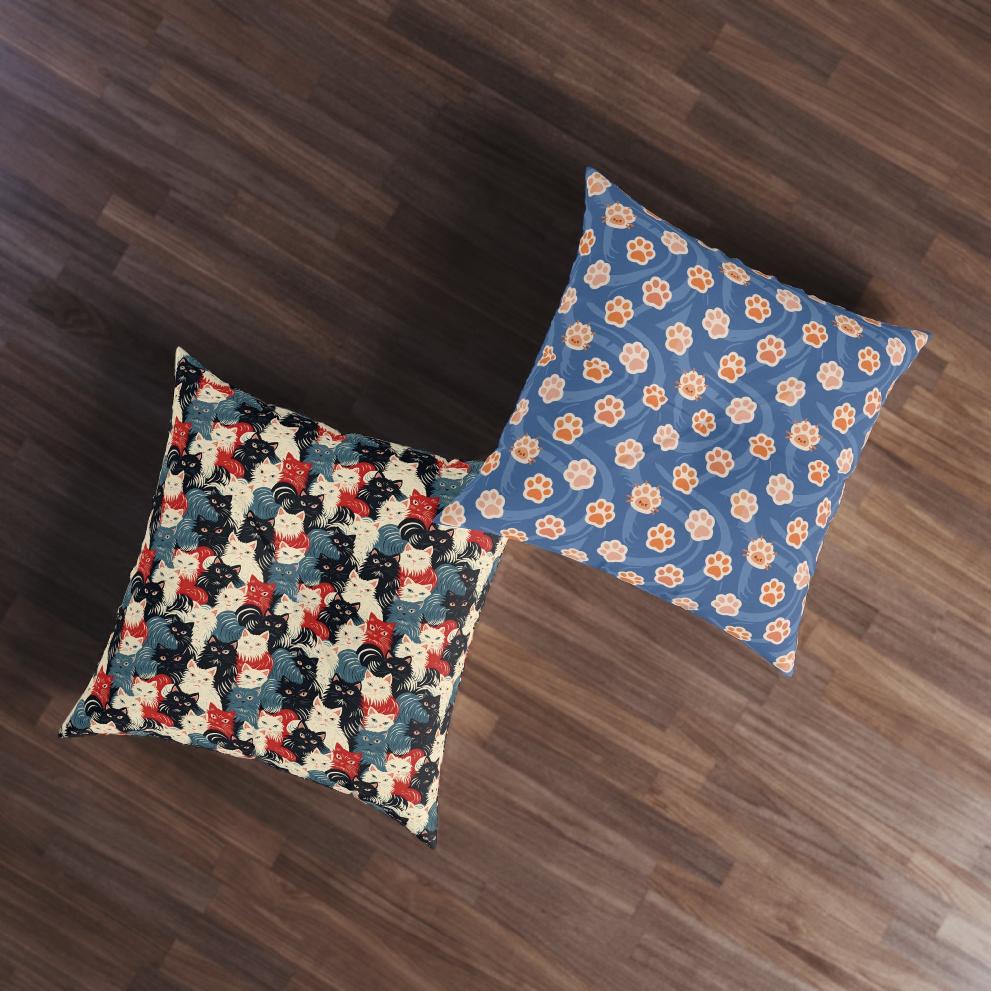 Indoor Square Floor Pillow - A bold and graphic pop art style illustration featuring a tight-knit cluster of various fluffy felines in black, white, red, and blue.