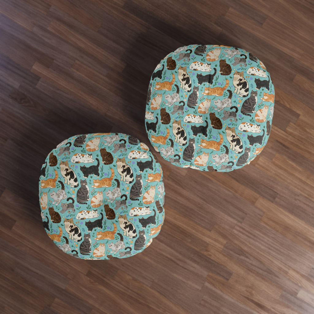 Indoor Round Floor Pillow - A Delightful Assortment of Charming Cats in Diverse Poses and Breeds Scattered Across a Soft Blue Floral Background