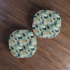 Indoor Round Floor Pillow - A Delightful Assortment of Charming Cats in Diverse Poses and Breeds Scattered Across a Soft Blue Floral Background