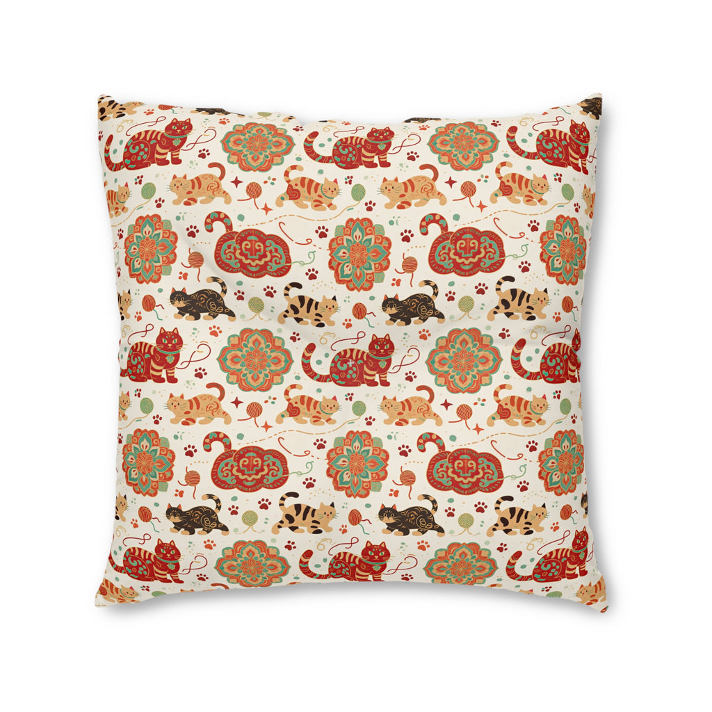 Indoor Square Floor Pillow - Vibrant boho chic cats and mandalas, colorful folk art style, playful felines with yarn and paw prints, artistic and bohemian cat design, cream background, unique animal print