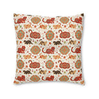 Indoor Square Floor Pillow - Vibrant boho chic cats and mandalas, colorful folk art style, playful felines with yarn and paw prints, artistic and bohemian cat design, cream background, unique animal print