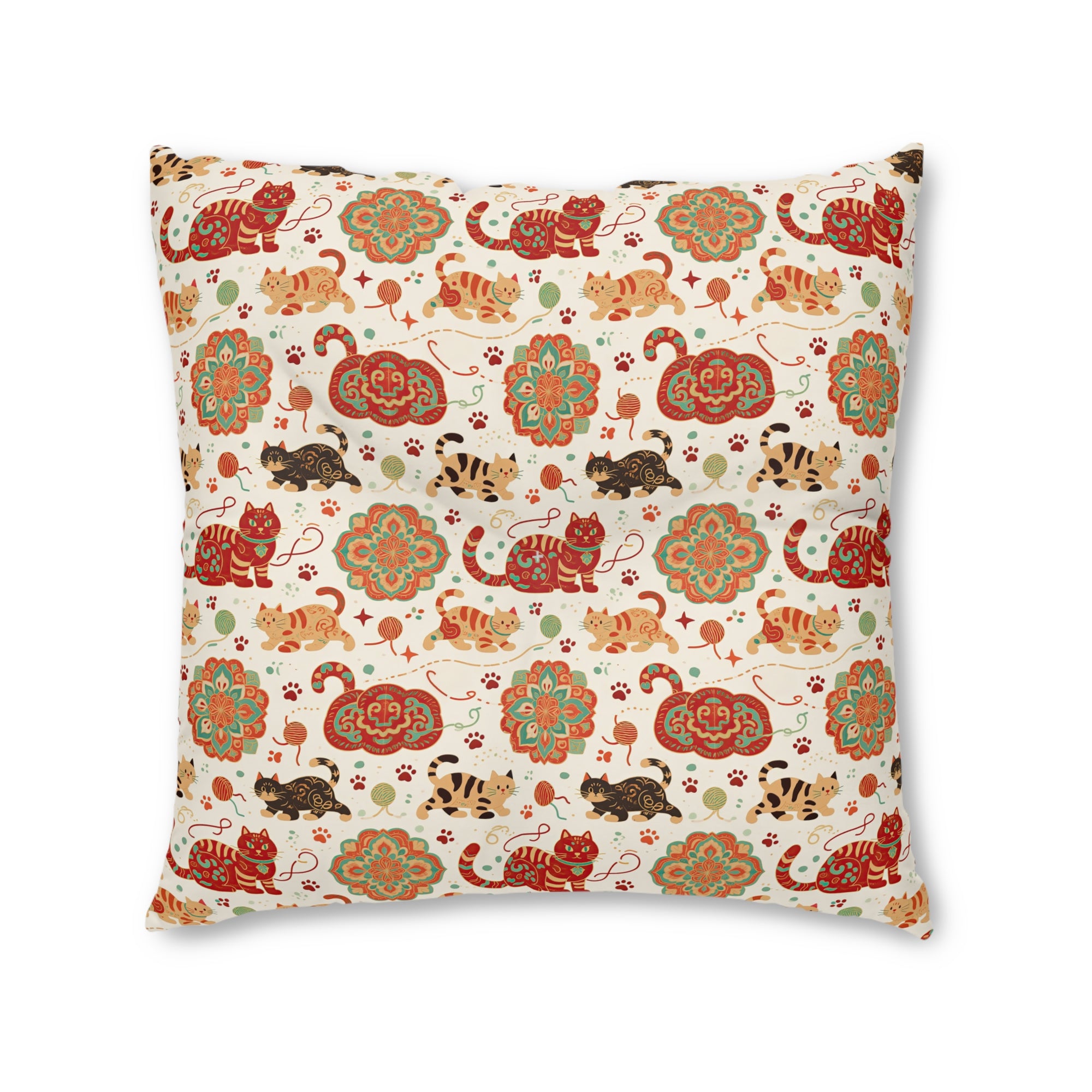 Indoor Square Floor Pillow - Vibrant boho chic cats and mandalas, colorful folk art style, playful felines with yarn and paw prints, artistic and bohemian cat design, cream background, unique animal print