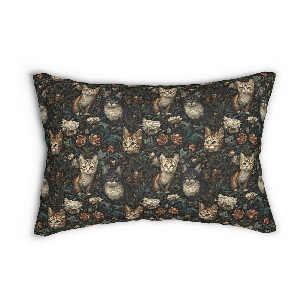 Indoor Lumbar Pillow - Brown Tabby Kittens Among Dark Green and Peach Floral Vines, Moody Vintage Style