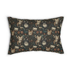 Indoor Lumbar Pillow - Brown Tabby Kittens Among Dark Green and Peach Floral Vines, Moody Vintage Style