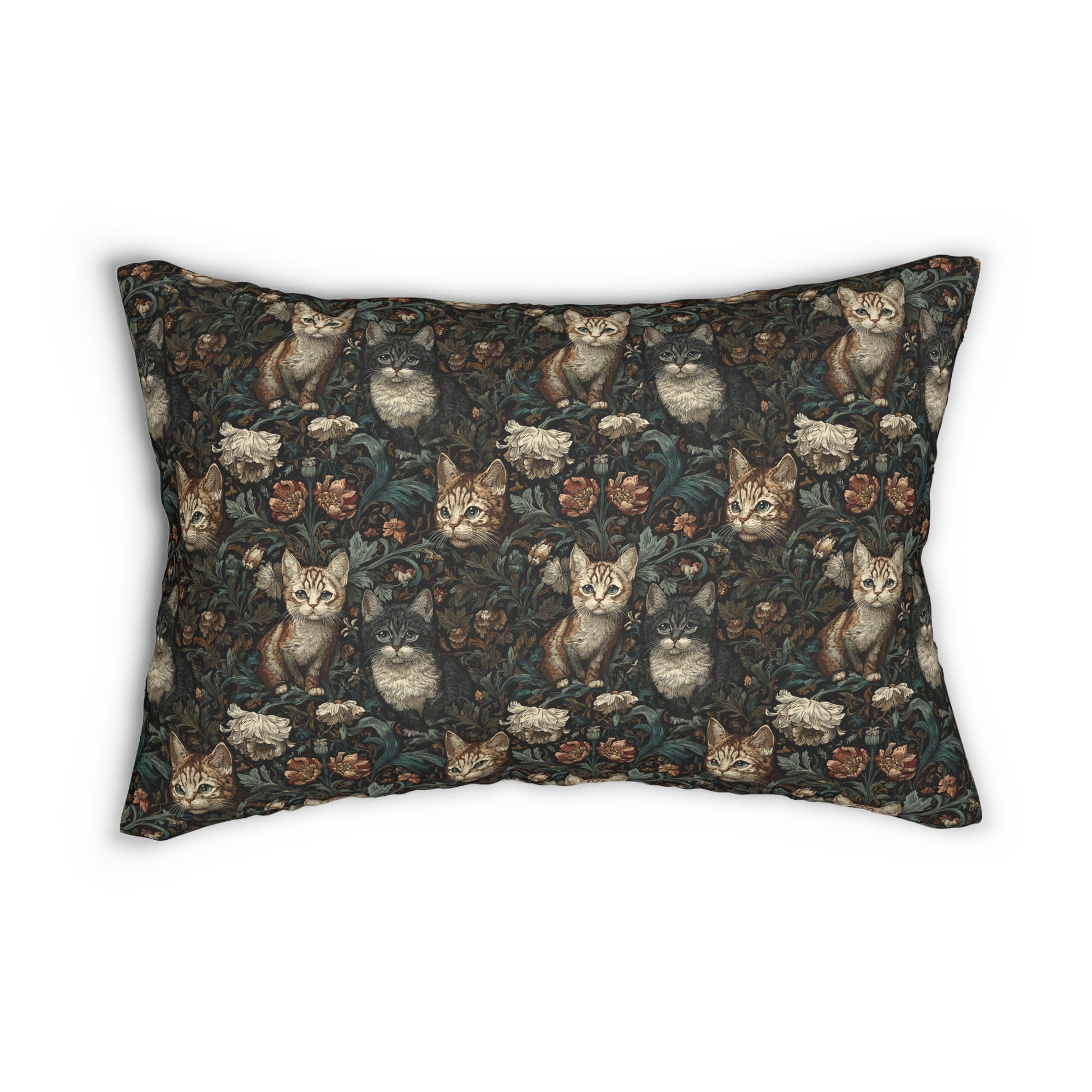 Indoor Lumbar Pillow - Brown Tabby Kittens Among Dark Green and Peach Floral Vines, Moody Vintage Style